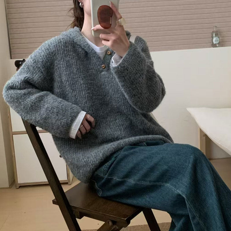 Damen bequemer Strickpullover mit Knopfleiste und Kapuze R&B