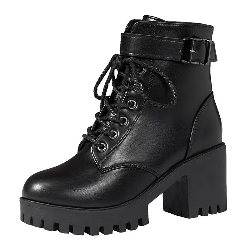Damen nan Plateau-Schnürstiefelette aus Kunstleder mit profilierter Gummisohle und verstellbarem Schnallenriemen R&B