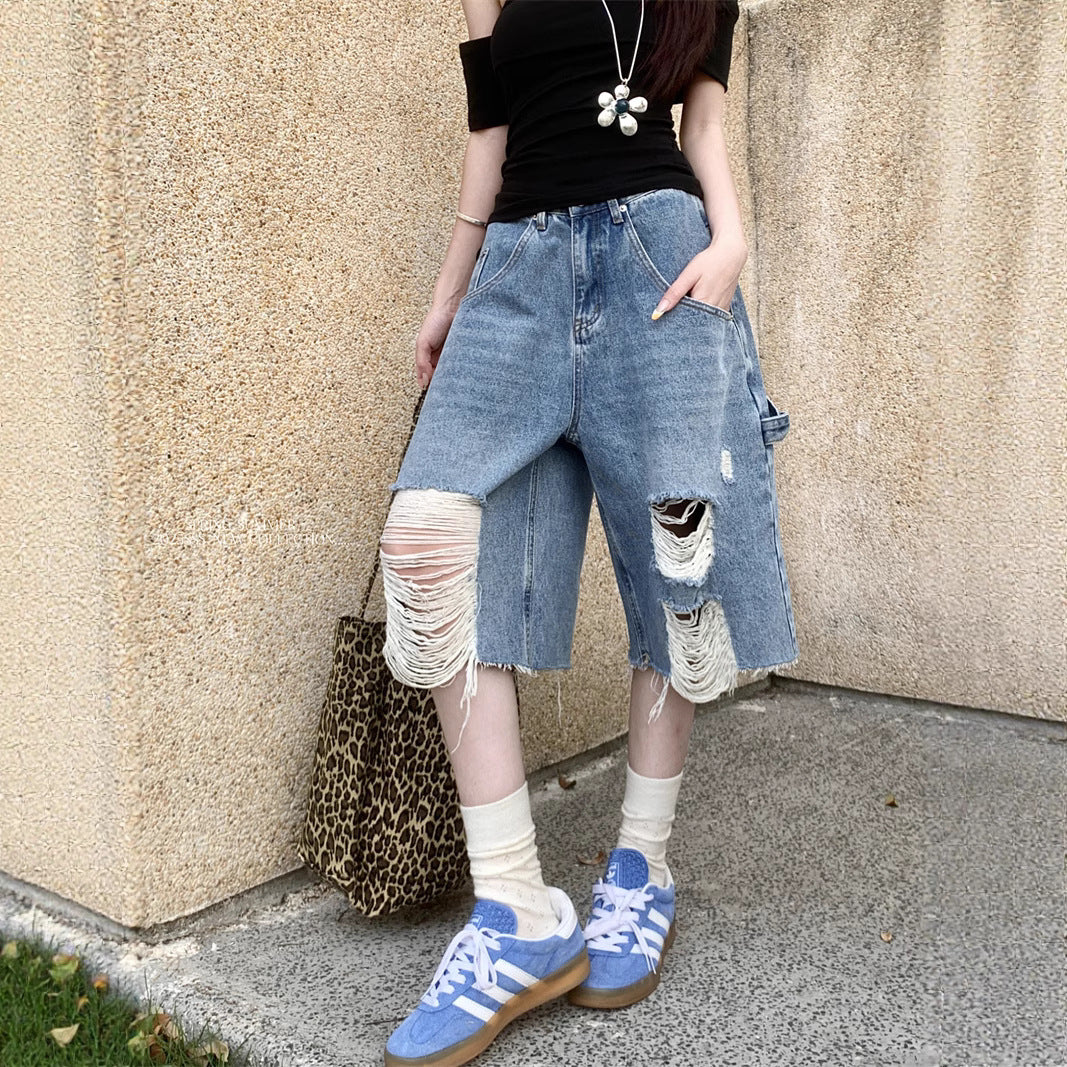 Damen Trendige Denim-Culottes im Destroyed-Look mit hohem Bund R&B