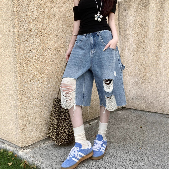 Damen Trendige Denim-Culottes im Destroyed-Look mit hohem Bund R&B