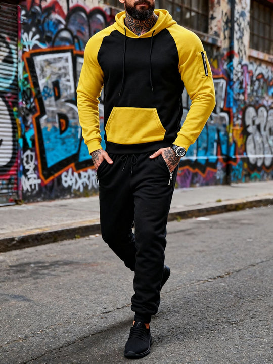Herren nan zweiteiliges Kapuzen-Sweatset mit Raglanärmeln, Ärmel-Zip-Tasche und tapered Jogginghose R&B