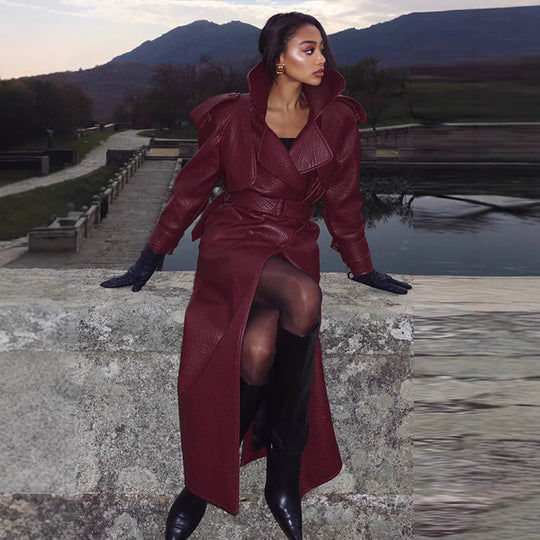 Damen Kunstleder Trenchcoat mit Oberteil und Taillengürtel R&B