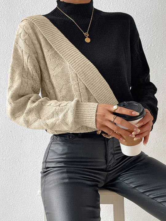 Damen modischer Strickpullover mit asymmetrischem Zopfdesign und hohen Kragen R&B