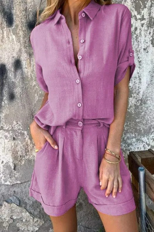 Damen Kurzoverall mit elegantem Hemdkragen und Taillengürtel R&B