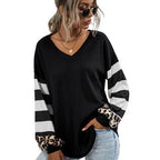 Damen modischer V-Ausschnitt Pullover mit gestreiften Ärmeln und Leopardenmuster R&B