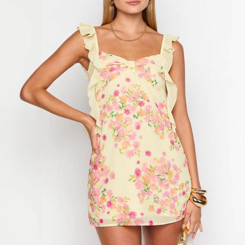 Damen nan kurzes Sommer-Minikleid mit Rüschen-Trägern, gerafftem Bustier und figurbetonter Silhouette R&B