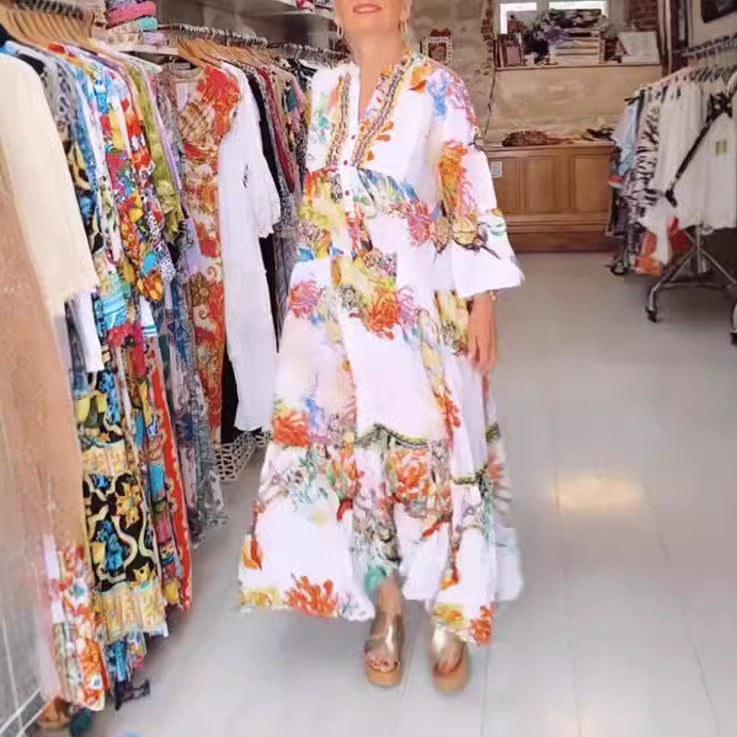 Damen nan luftiges Maxikleid im Lagenlook mit V-Ausschnitt, Knopfleiste und dreiviertel-Glockenärmeln R&B