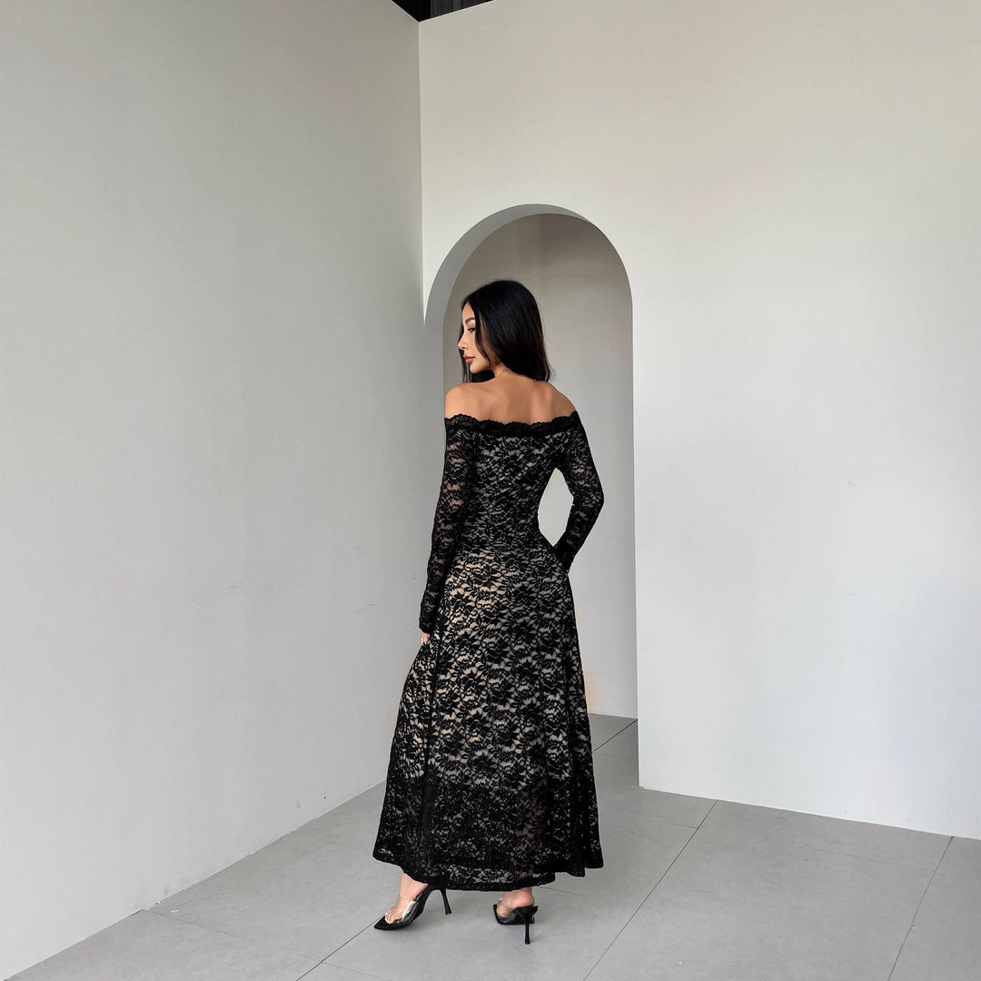 Damen nan schulterfreies Spitzenmidikleid mit feiner floraler Spitze, gefütterter Innenlage und tailliertem Schnitt R&B