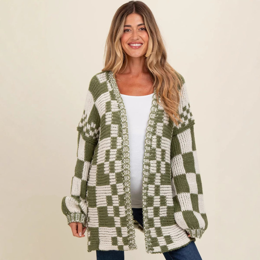 Damen lässiger Strickcardigan mit Karomuster und oversized Schnitt R&B
