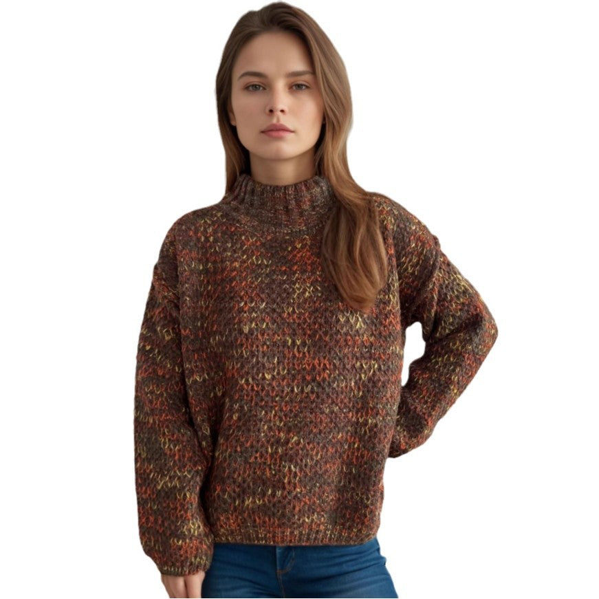 Damen gemütlicher Rollkragenpullover mit modernem Lochstrickdesign R&B