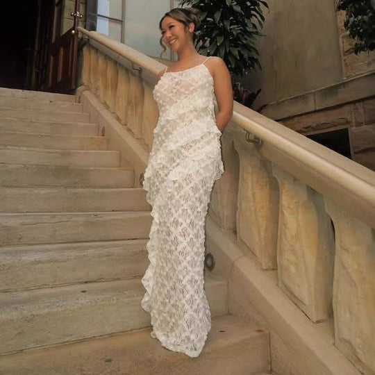 Damen Elegantes Spitzen-Maxikleid mit asymmetrischen Drapierungen R&B