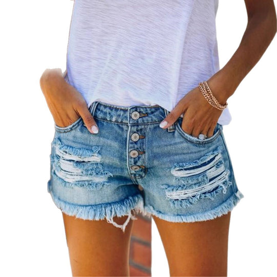 Damen Denim-Shorts mit angesagtem Destroyed-Effekt und Fransen R&B