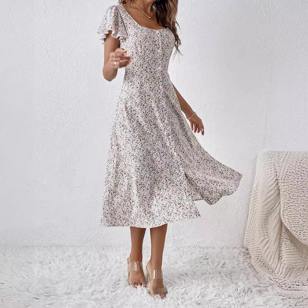 Damen nan tailliertes Midikleid mit quadratischem Ausschnitt, verdeckter Knopfleiste und fließendem A-Linien-Rock R&B