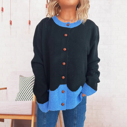 Damen lässige Strickjacke mit buntem Kontrast und eleganten Knopfdetails R&B