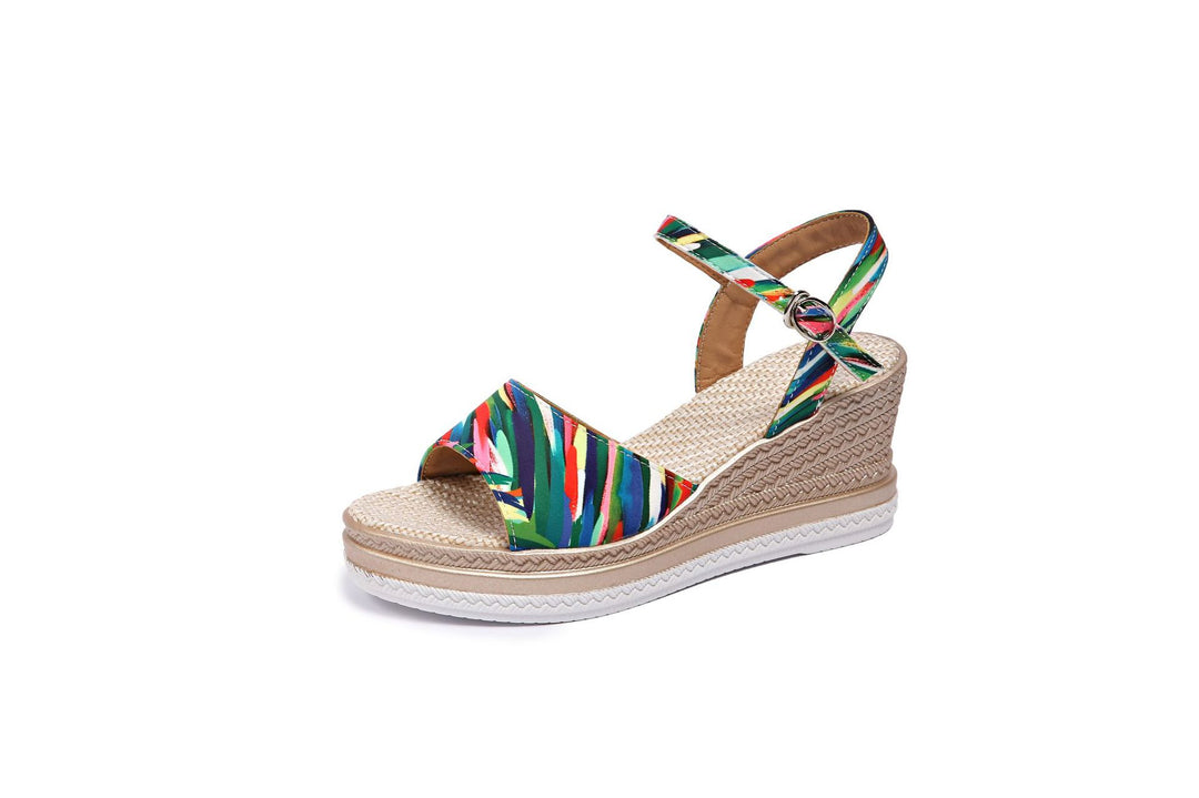 Damen Wedge-Sandalen mit buntem Musterdruck und komfortablem Fußbett R&B
