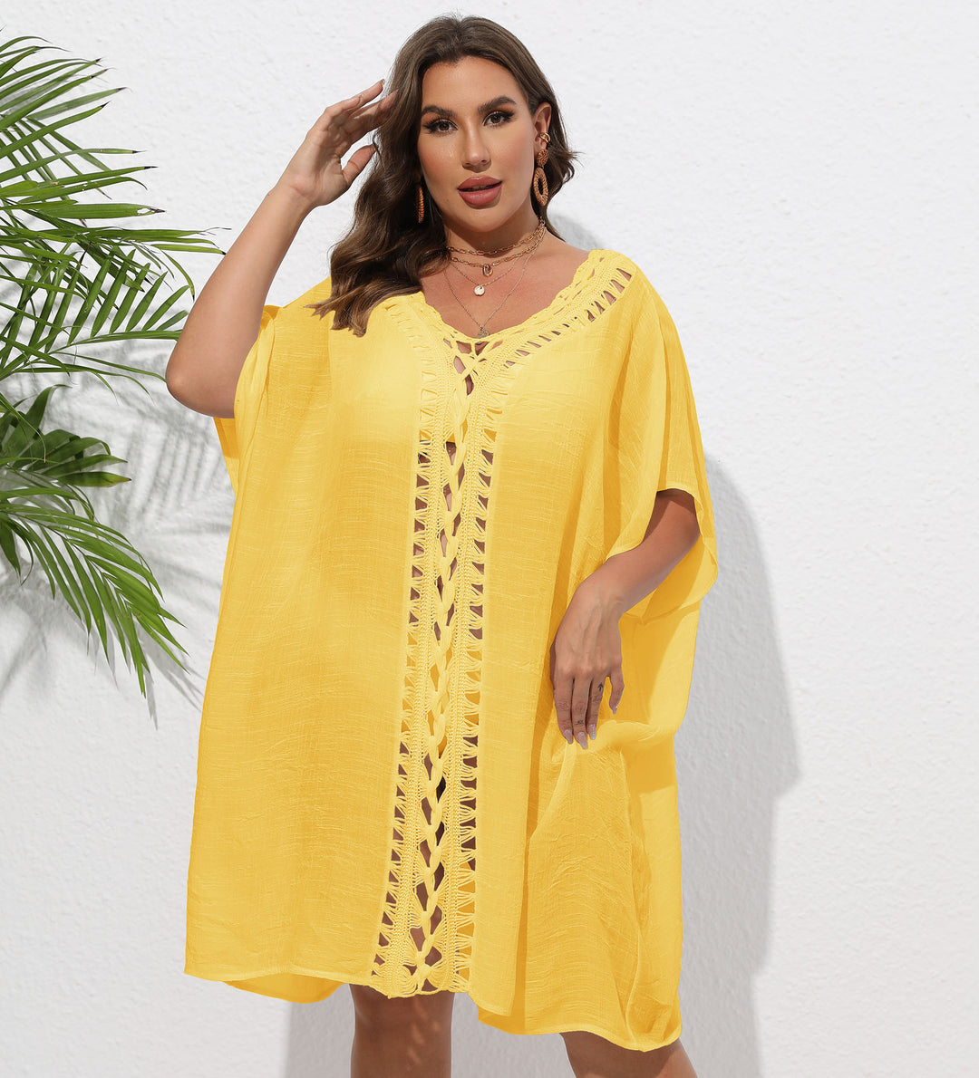 Damen Luftiger Strandkimono mit dekorativer Häkelspitze R&B