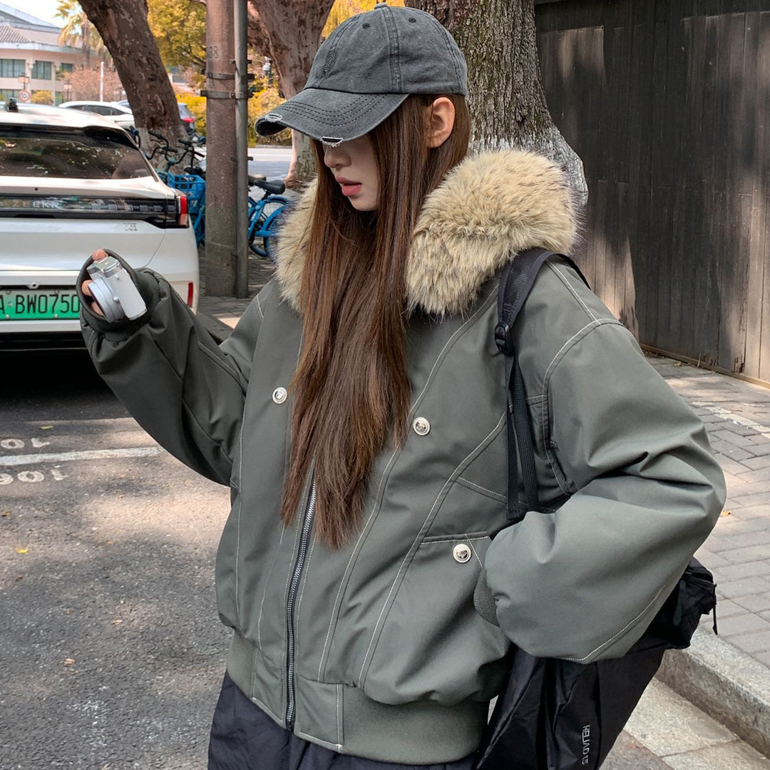 Damen gefütterte Winterjacke mit abnehmbarem Kunstfellkragen und großen Taschen R&B