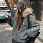 Damen gefütterte Winterjacke mit abnehmbarem Kunstfellkragen und großen Taschen R&B