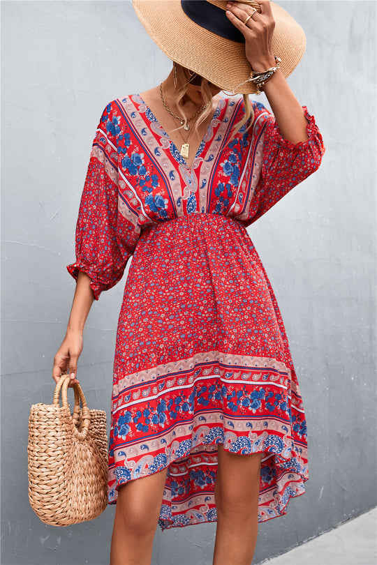 Damen Langarmkleid mit boho-inspiriertem Druck und elastischem Bund R&B