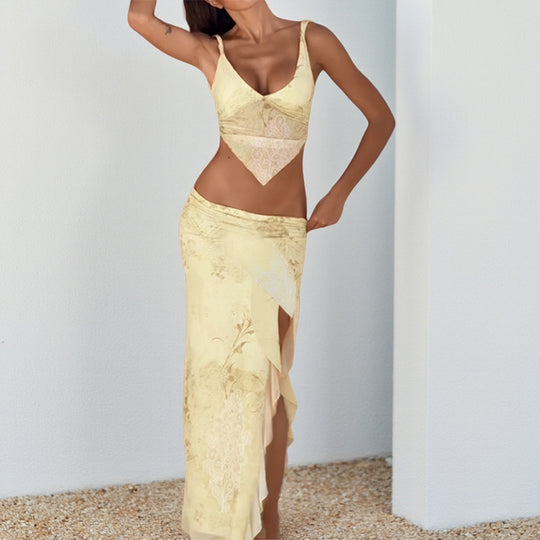 Damen elegantes Wickelkleid mit transparenten Einsätzen und hohem Beinschlitz R&B