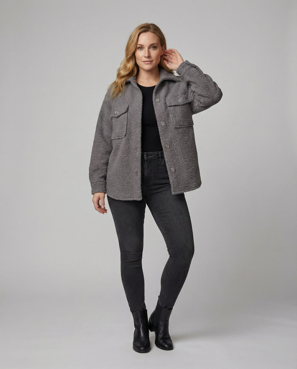 Damen Fluffy Overshirt im Lagenlook mit praktischen Taschen und dezentem Knopfverschluss R&B