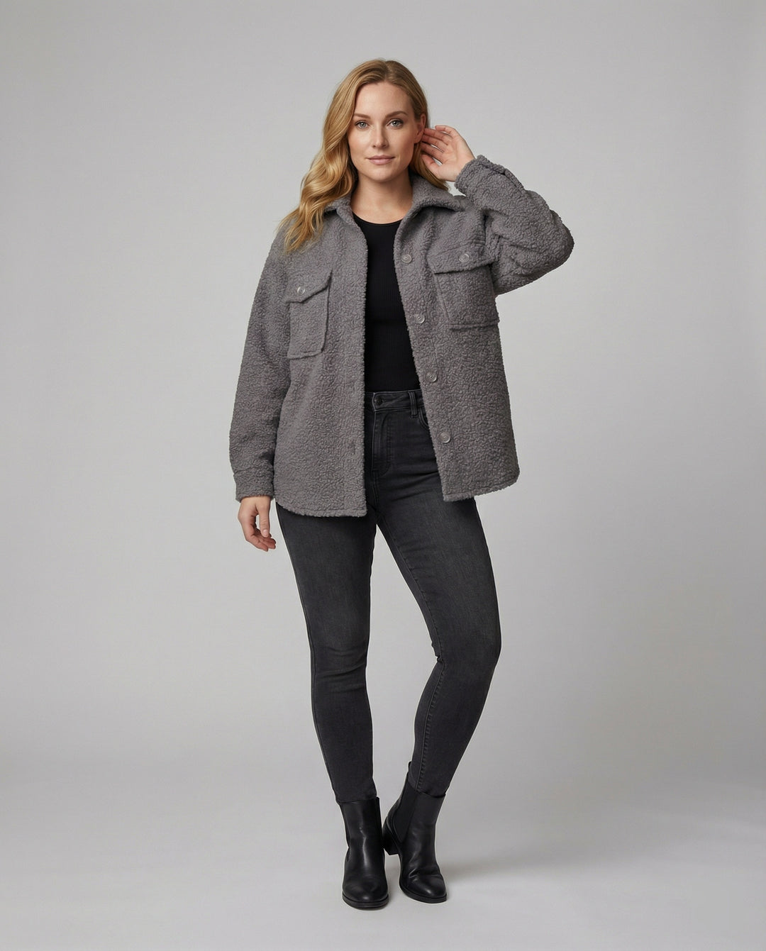 Damen Fluffy Overshirt im Lagenlook mit praktischen Taschen und dezentem Knopfverschluss R&B