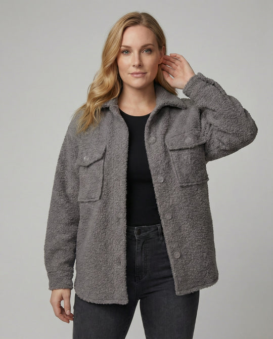Damen Fluffy Overshirt im Lagenlook mit praktischen Taschen und dezentem Knopfverschluss R&B
