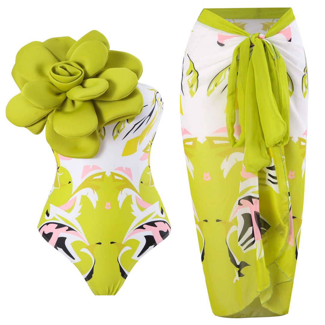 Damen Eleganter Badeanzug mit großem Blumen-Detail und transparentem Überrock R&B