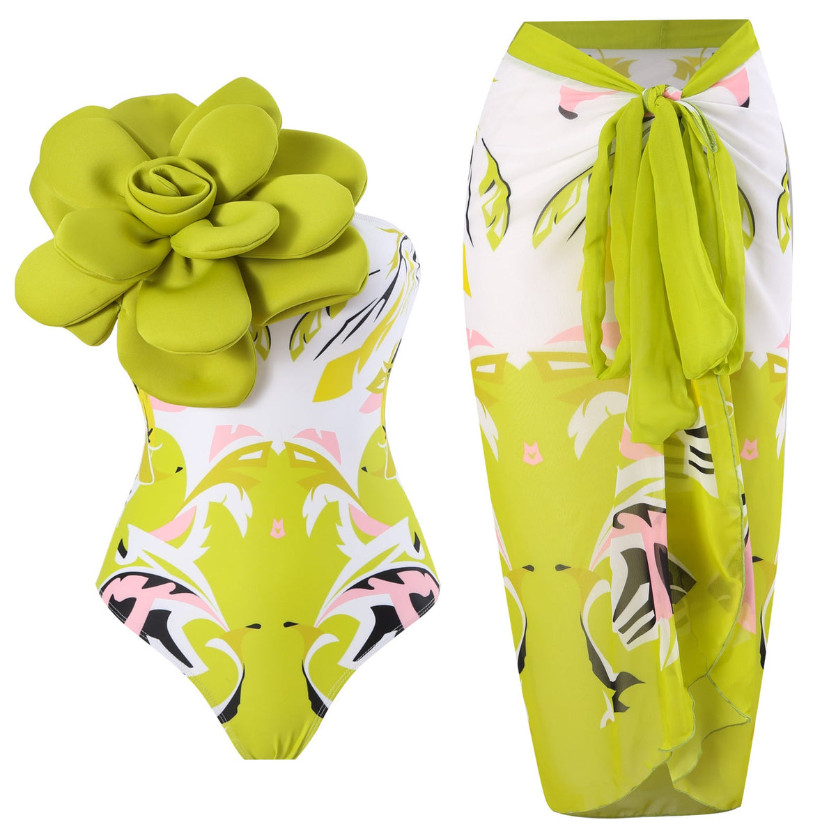 Damen Eleganter Badeanzug mit großem Blumen-Detail und transparentem Überrock R&B