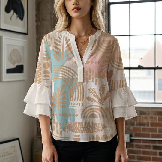 Damen Bluse mit Rüschendetails und auffälligem Animal-Print R&B