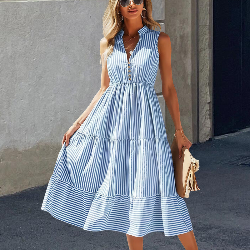 Damen Langarm-Etuikleid mit Knopfleiste und gestreiftem Design R&B