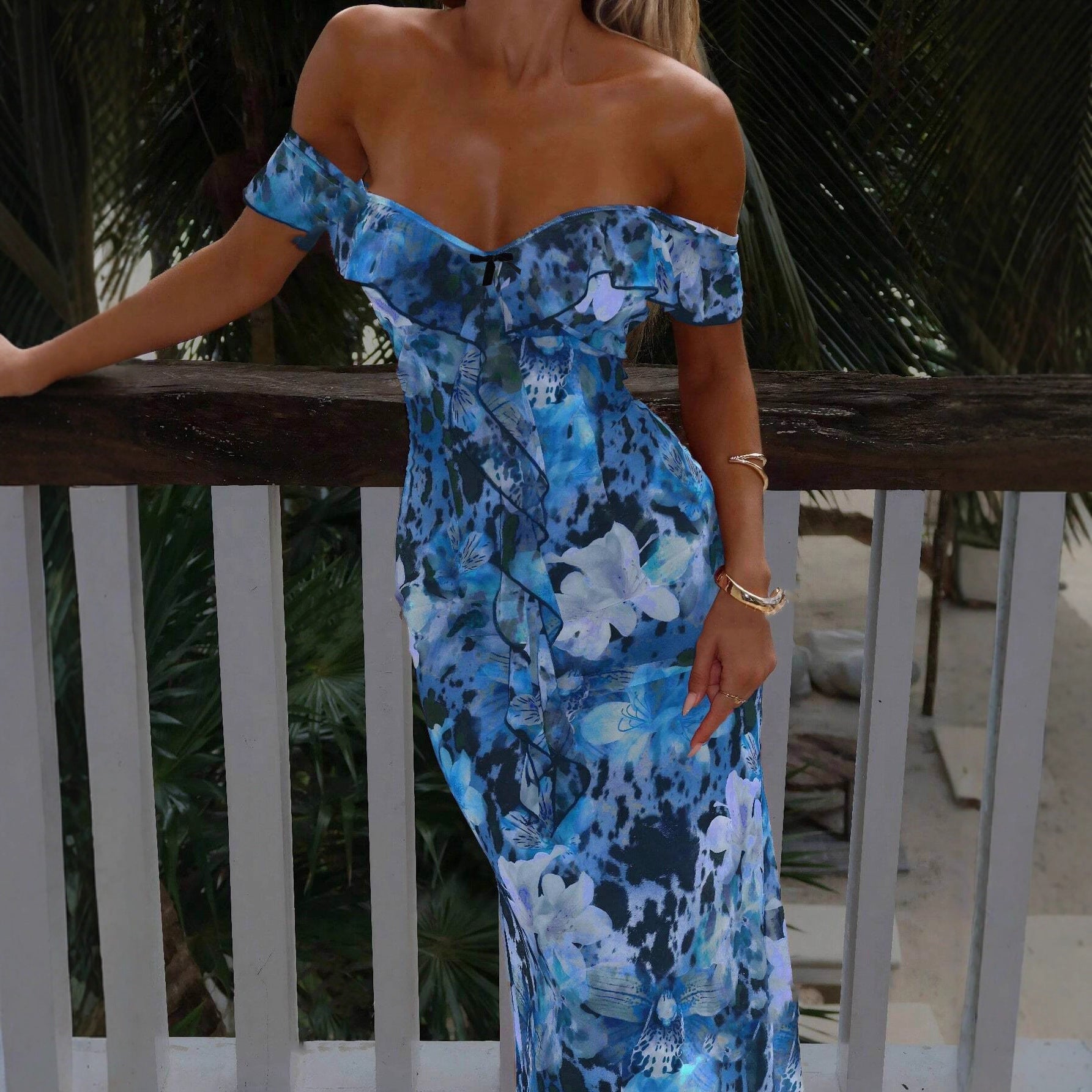 Damen Off-Shoulder Maxikleid mit floralem Muster und Rüschendetails R&B