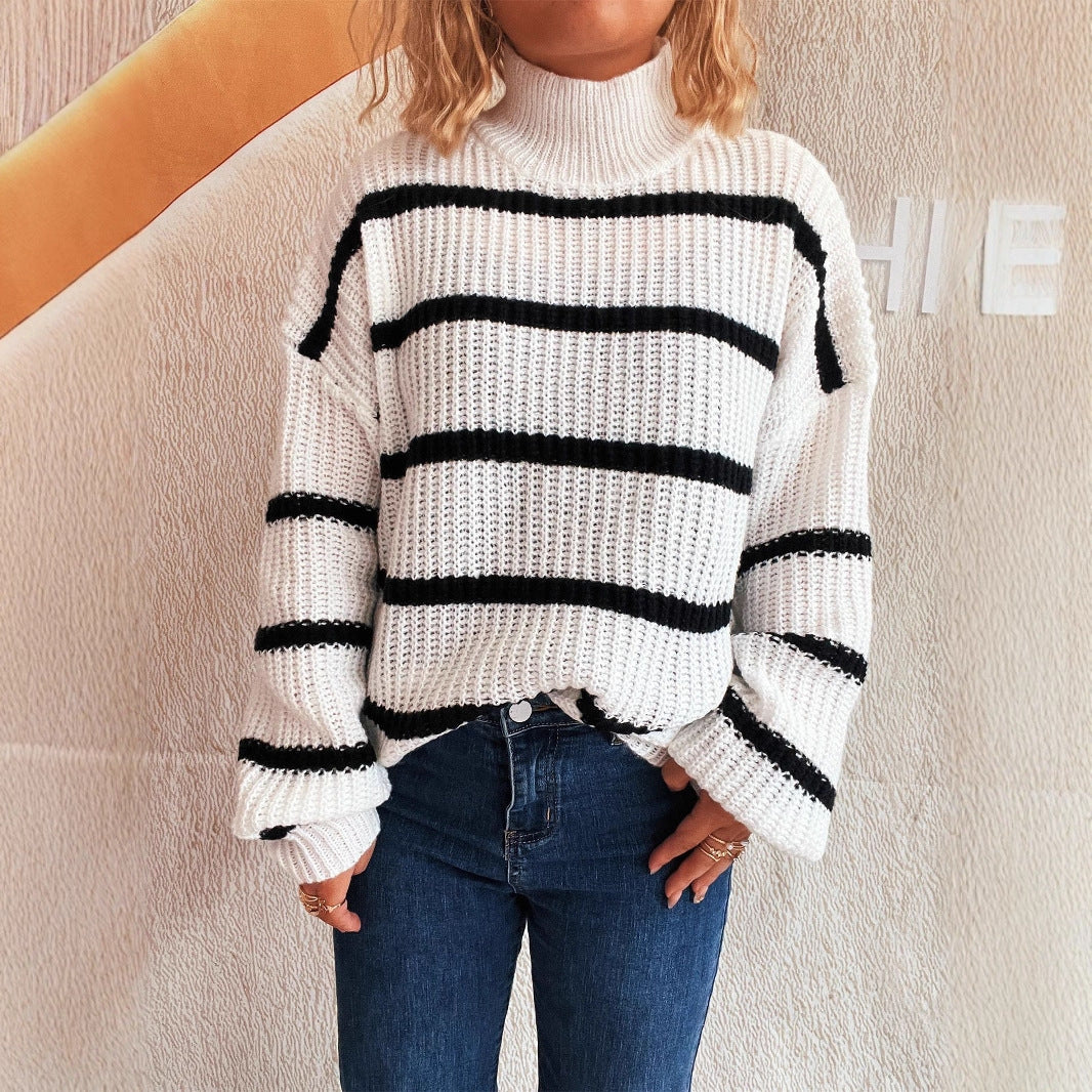 Damen Strickpullover mit hohem Kragen und modischem Streifenmuster R&B