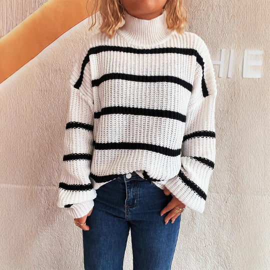 Damen Strickpullover mit hohem Kragen und modischem Streifenmuster R&B