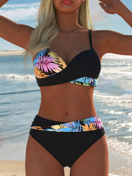 Damen Bikini-Set mit elegantem Palmendruck und hohem Taillenschnitt R&B
