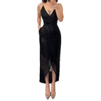 Damen Elegant Funktionskleid mit schimmerndem Paillettenstoff und tiefem V-Ausschnitt R&B