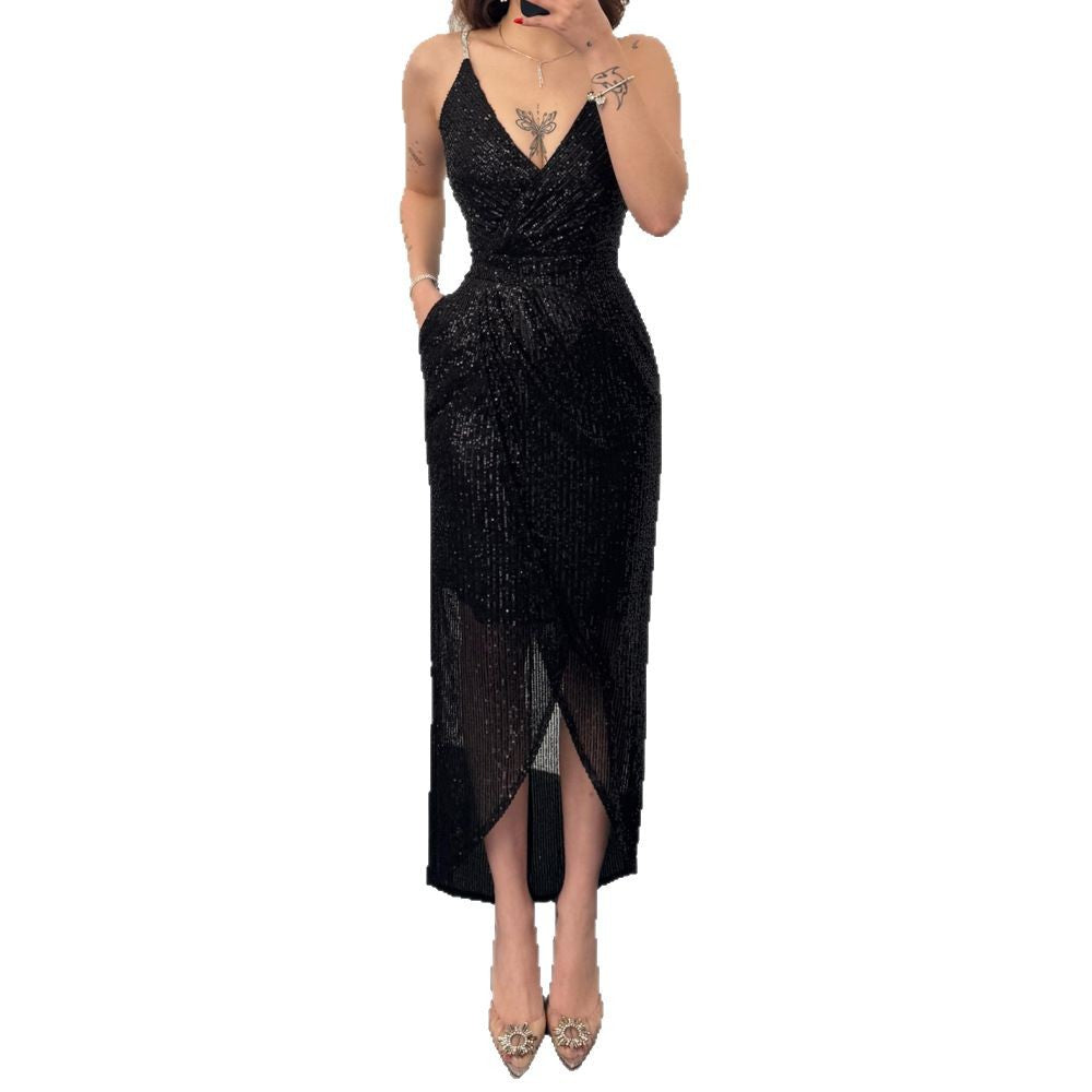 Damen Elegant Funktionskleid mit schimmerndem Paillettenstoff und tiefem V-Ausschnitt R&B