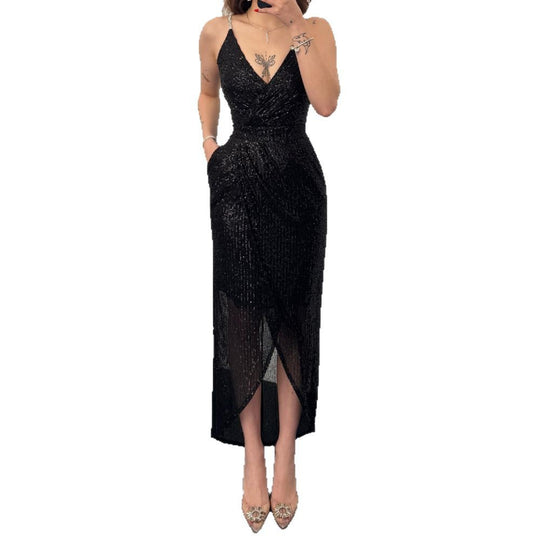 Damen Elegant Funktionskleid mit schimmerndem Paillettenstoff und tiefem V-Ausschnitt R&B