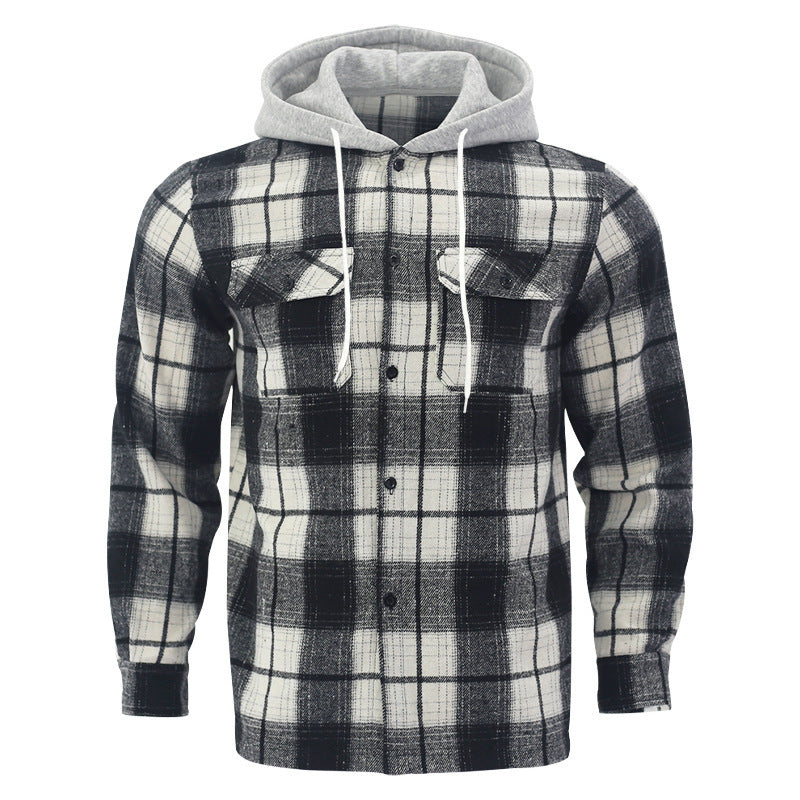 Herren Karierte Flanelljacke mit Hoodie und zwei Brusttaschen R&B