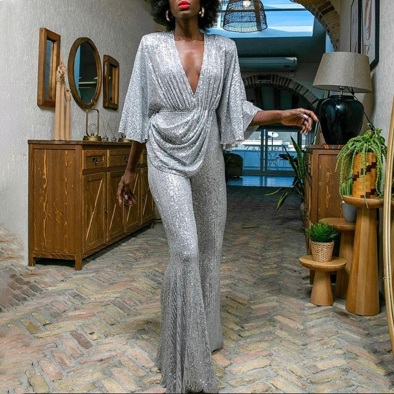 Damen Glamouröser Jumpsuit mit funkelnden Pailletten und weitem Bein R&B