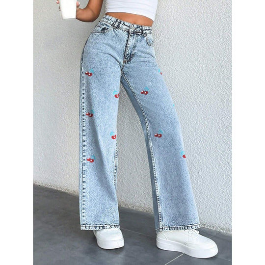 Damen Weit geschnittene Jeans im fruchtigem Stickdesign R&B