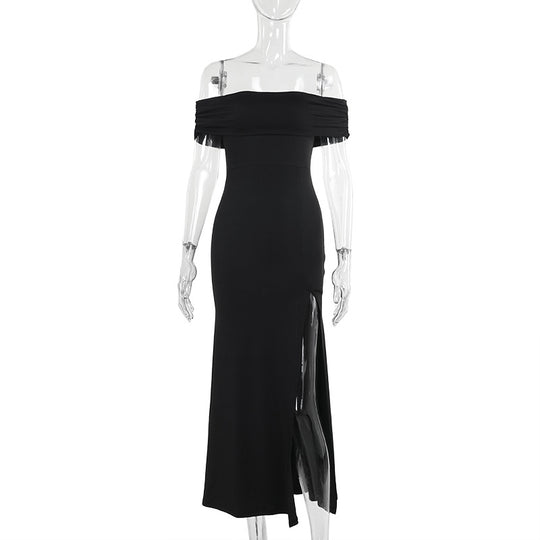 Damen Maxi-Kleid mit schulterfreiem Design und elegantem Schlitz R&B
