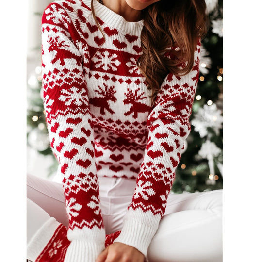 Damen Strickpullover mit weihnachtlichem Muster und Rundhalsausschnitt R&B