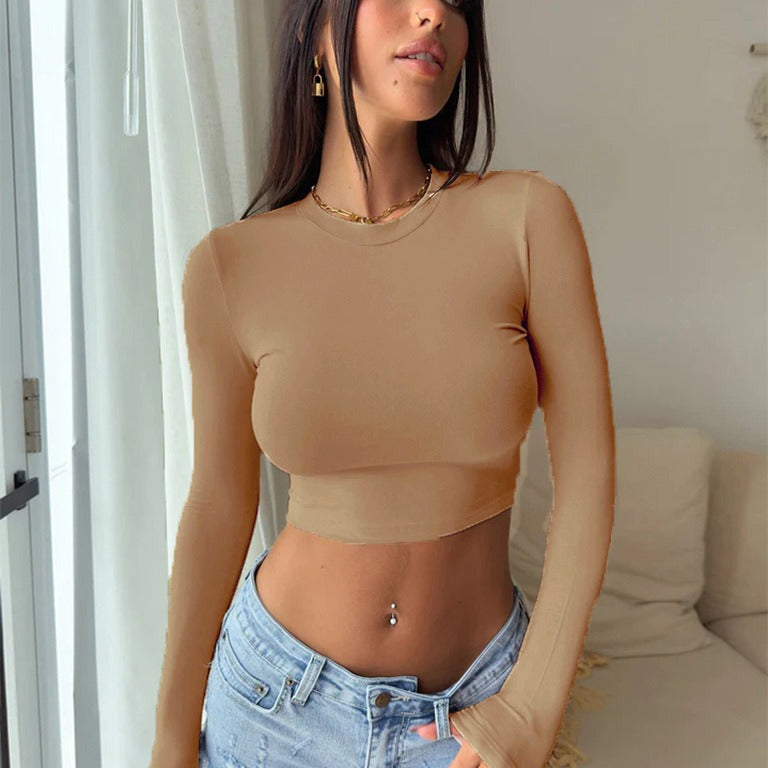Damen elegantes langärmliges Crop-Top aus hautfreundlichem Material R&B