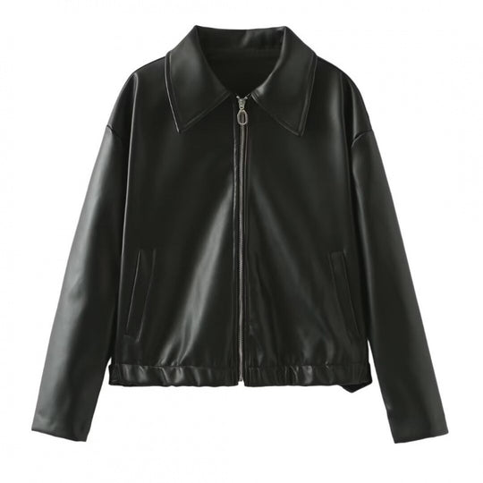 Damen modische Kunstlederjacke mit schlichter Eleganz und praktischen Taschen R&B