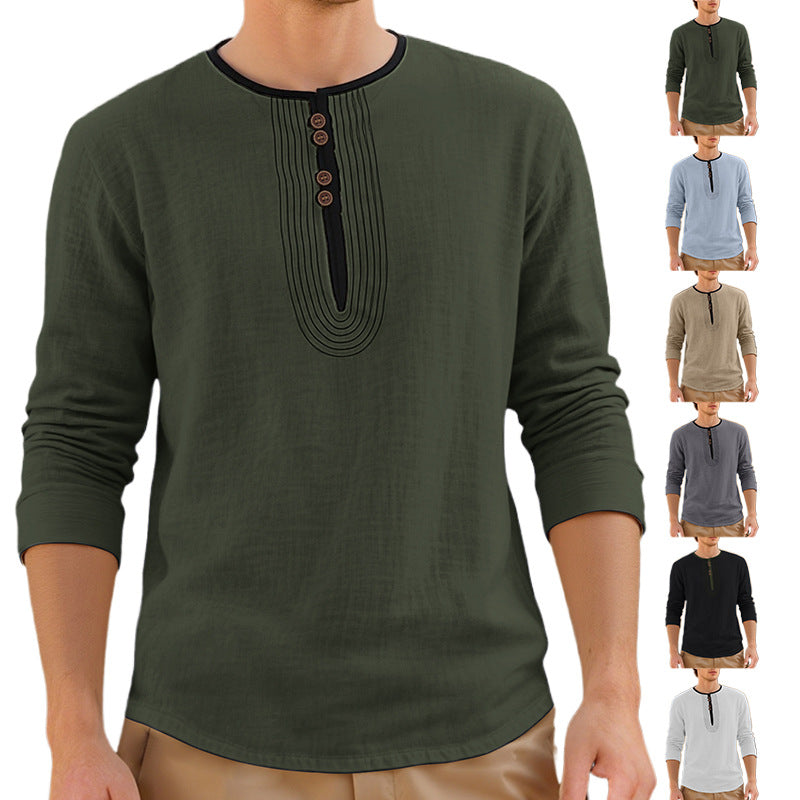 Herren nan lässiges Leinenmix-Langarmshirt mit dekorativer Knopfleiste und Ziersteppung R&B