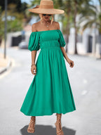 Damen Off-Shoulder Maxikleid mit voluminösen Puffärmeln und elastischem Taillenband R&B