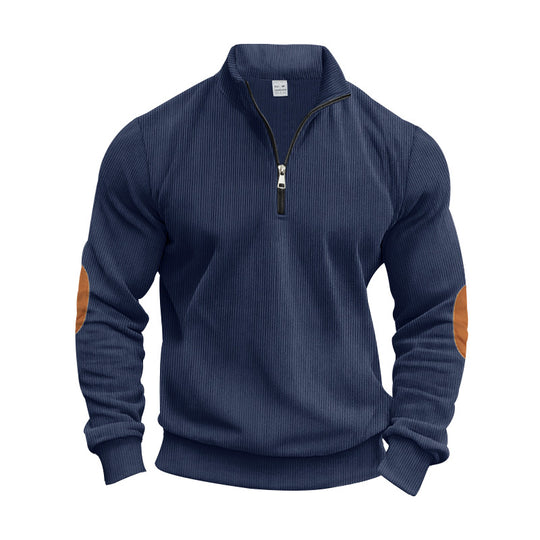 Herren nan strukturierter Baumwoll-Strickpullover mit halbem Reißverschluss und Ellenbogenbesatz R&B
