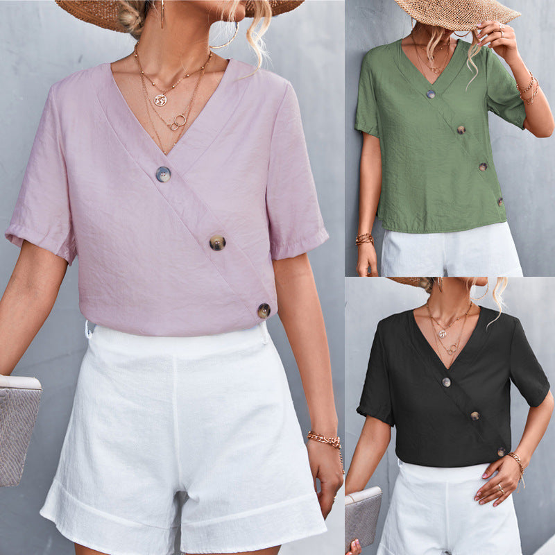 Damen lässige Bluse mit Wickeloptik und Knopfdetails R&B