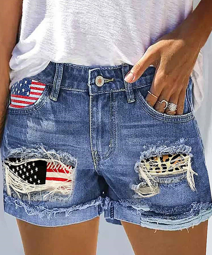 Damen Jeansshorts mit modischem USA-Print und Destroyed-Detail R&B